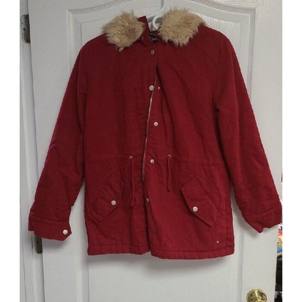 Forever 21 Hooded Parka Jacket Red Faux Fur Trim Size M - Used